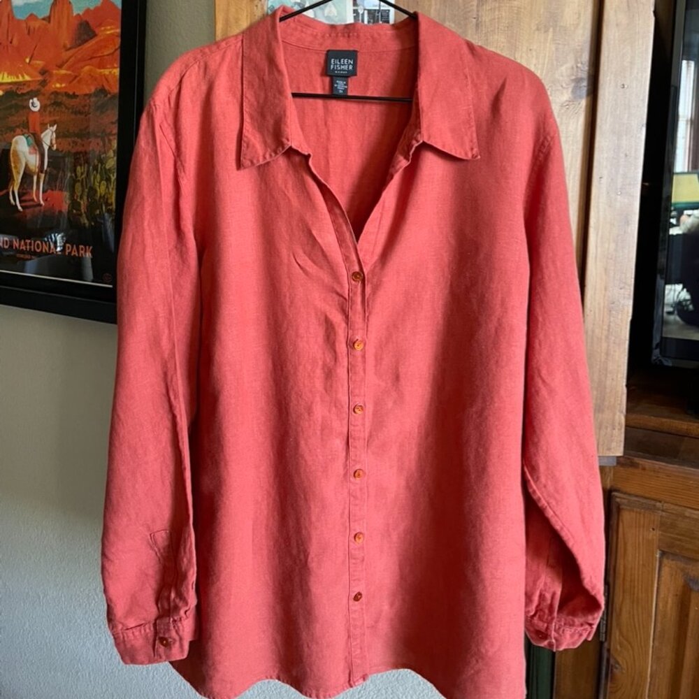 Eileen Fisher 100% Linen Button Down Shirt 3/4 Sleeve Orange 2X Lagenlook Basic